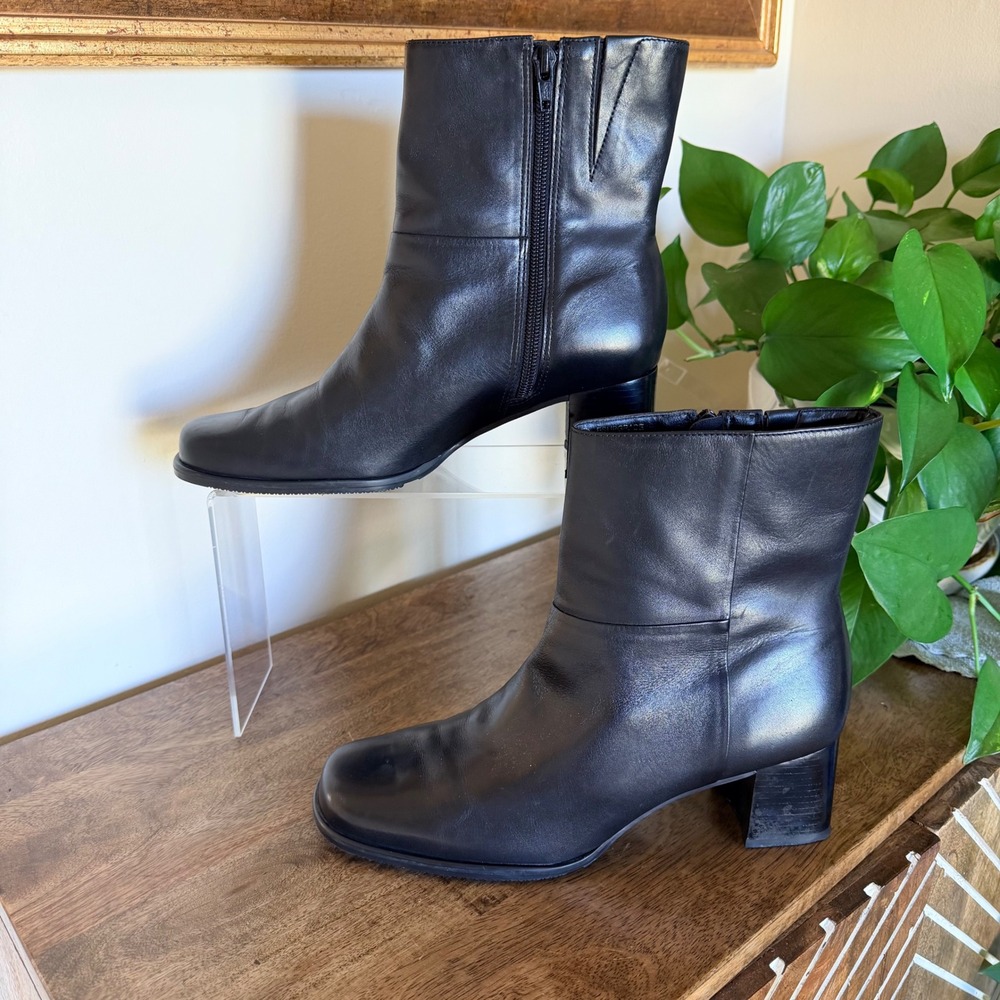 Easy Spirit Ankle Boots Womens Black Leather Square Toe Block Heel Side Zip